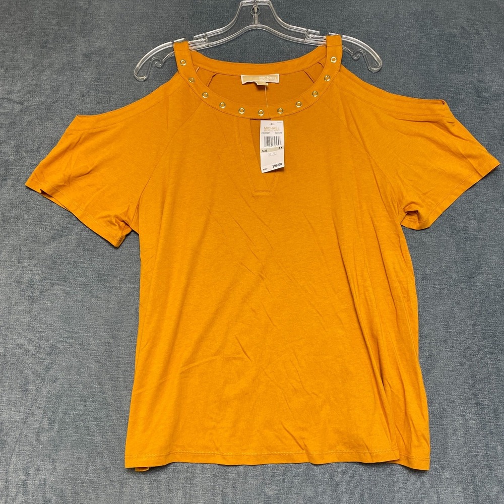 Michael Kors Blouse Top Womens 1X Tan Cold Shoulder Raglan Sleeve Keyhole Neck